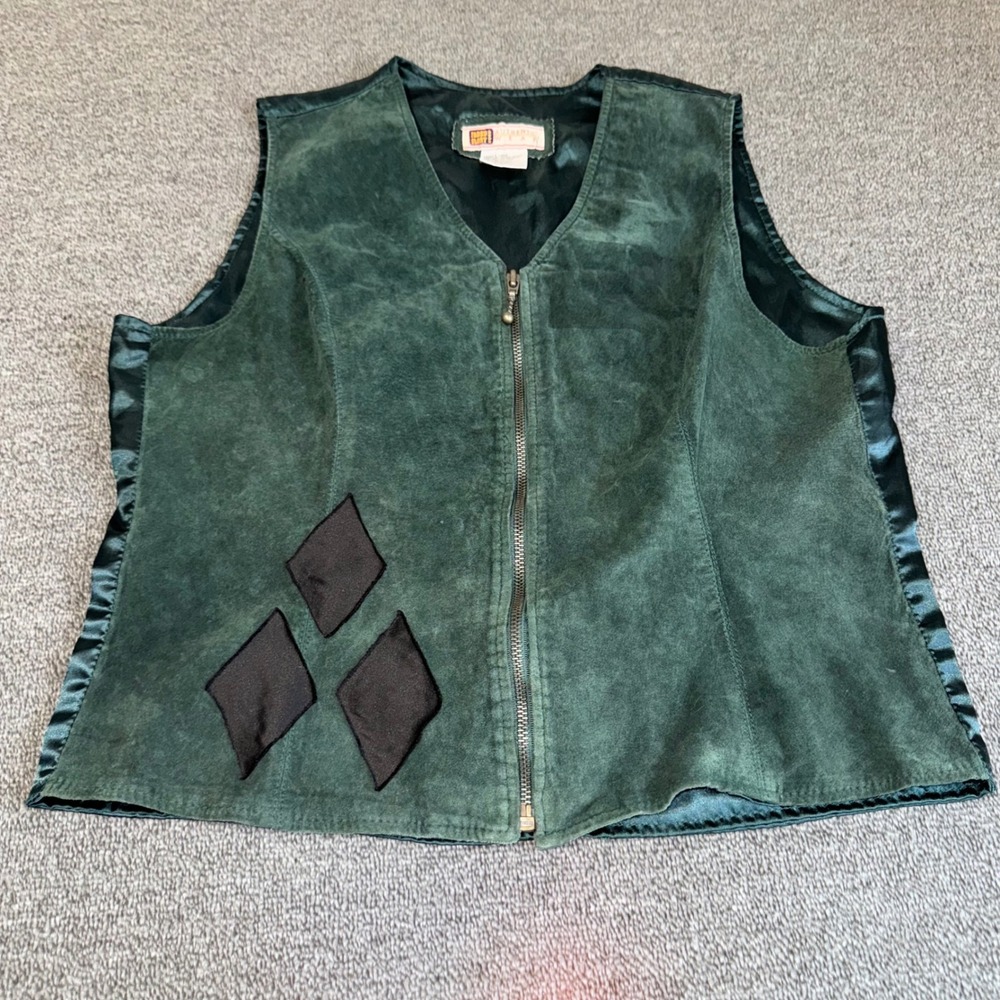VTG Faded Glory Womens Green Leather Suede Satin Back Diamond Zip‎ Vest Large